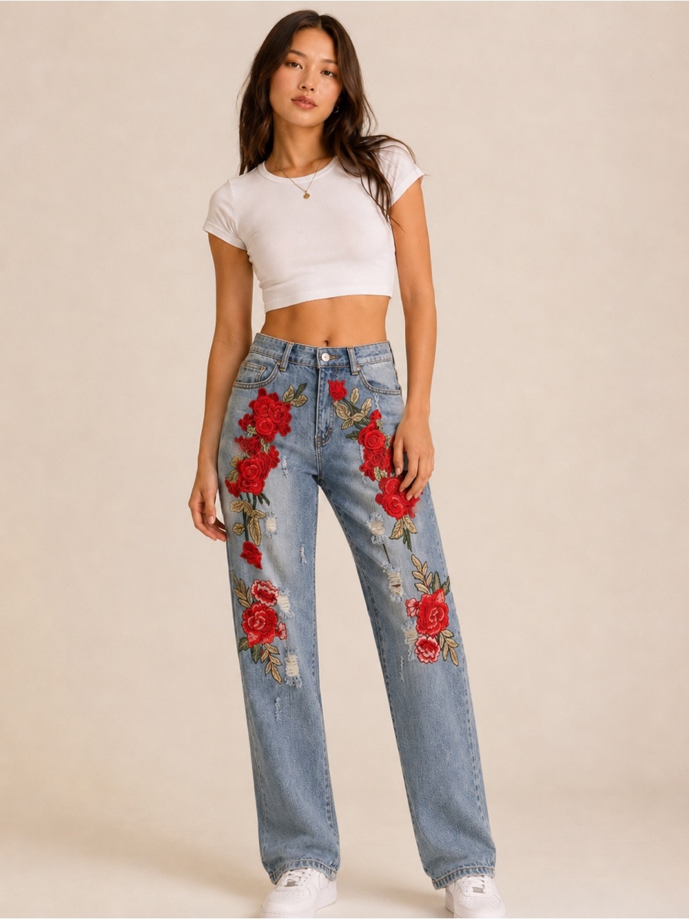 Vintage Rose Embroidered Distressed Straight-Leg, High-rise Jeans, Size 2